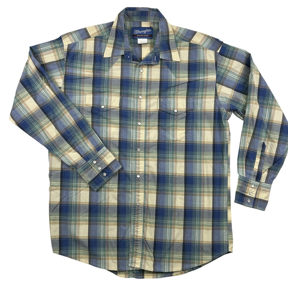 Wrangler Western Shirt Mens Large Plaid Pearl‎ Snap Cowboy Rodeo Workwear